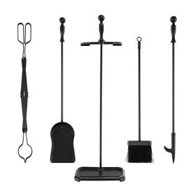 5-Pcs Fireplace Tool Set - Tong Brush Shovel Poker Stand-Black