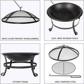 22'' Wood Burning Grill Firepit W/ Spark Screen Cover