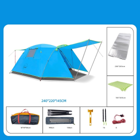 Four Person Camping Space Folding And Thickening Tent (4-Person Tent Color: Blue and Add Moistureproof Pad and Picnic Mat)