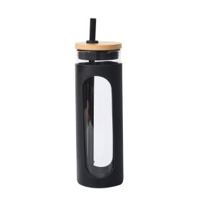 Glass Water Tumbler Silicone Bamboo Lids For Iced Coffee (Capacity: 590ML, Lantern Color: Black)