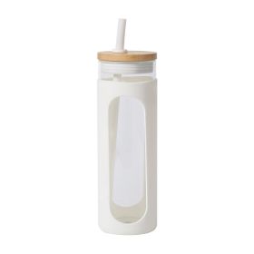 Glass Water Tumbler Silicone Bamboo Lids For Iced Coffee (Capacity: 590ML, Lantern Color: White)