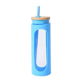 Glass Water Tumbler Silicone Bamboo Lids For Iced Coffee (Capacity: 590ML, Lantern Color: Blue)