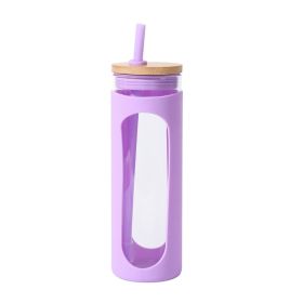 Glass Water Tumbler Silicone Bamboo Lids For Iced Coffee (Capacity: 590ML, Lantern Color: Purple)